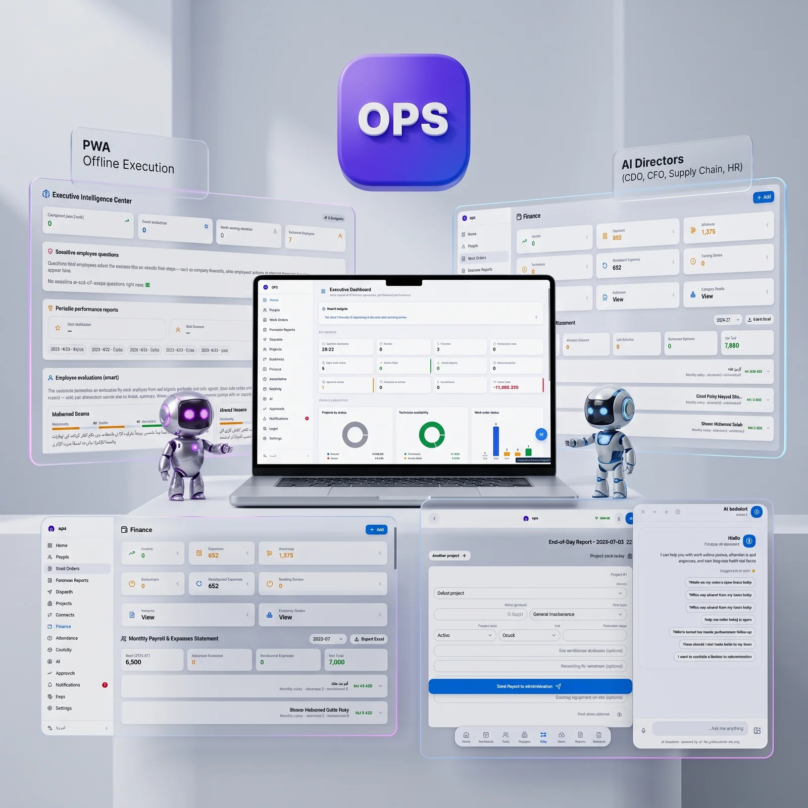 Executive Intelligence Center & Multi-Agent AI Directors (CDO, CFO, Supply Chain, HR): Monthly Payroll Statements, Financial Ledgers, and Smart Employee Evaluations
