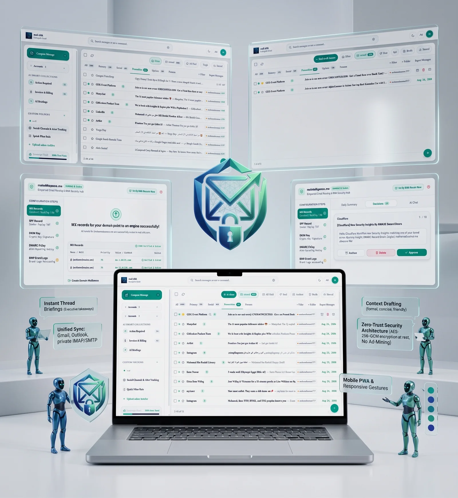 Sovereign AI Enterprise Inbox & Domain DNS Security Wizard (MX/SPF/DKIM/DMARC): Smart Collections, Instant Thread Briefings, and Zero-Trust AES-256-GCM Encryption